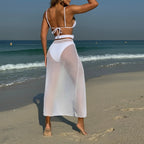 Transparent Mesh Solid Laced Up Skirt Three Piece Swim Sets