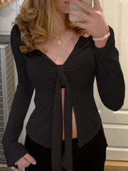 V-neck Split Slim  Blouse