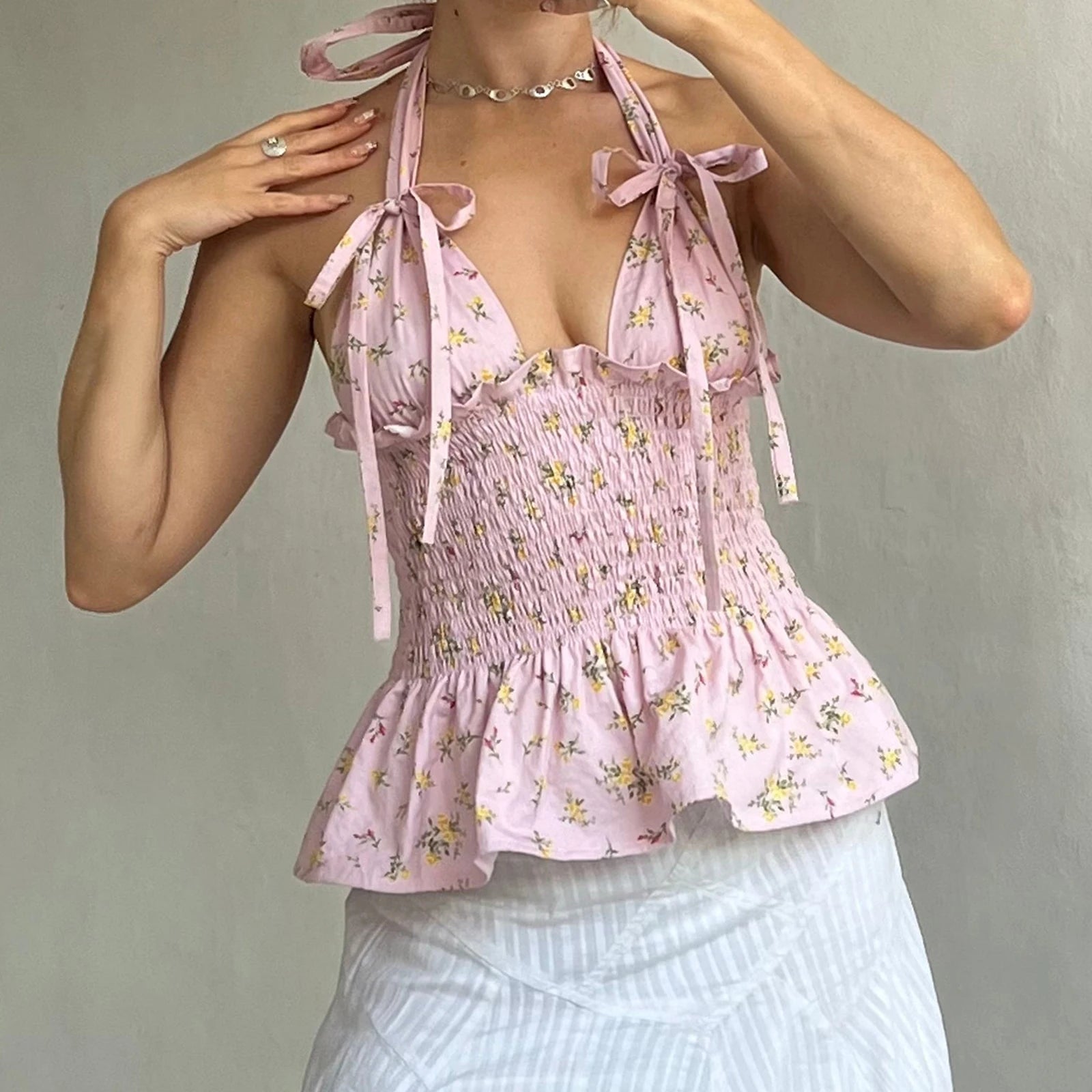 Y2K Floral Print Ruffled Hem Tie-Up Cami Top Main image