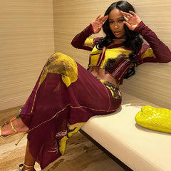 Crop Long Sleeve See Through Beach Vacation Two Piece Skirt Set