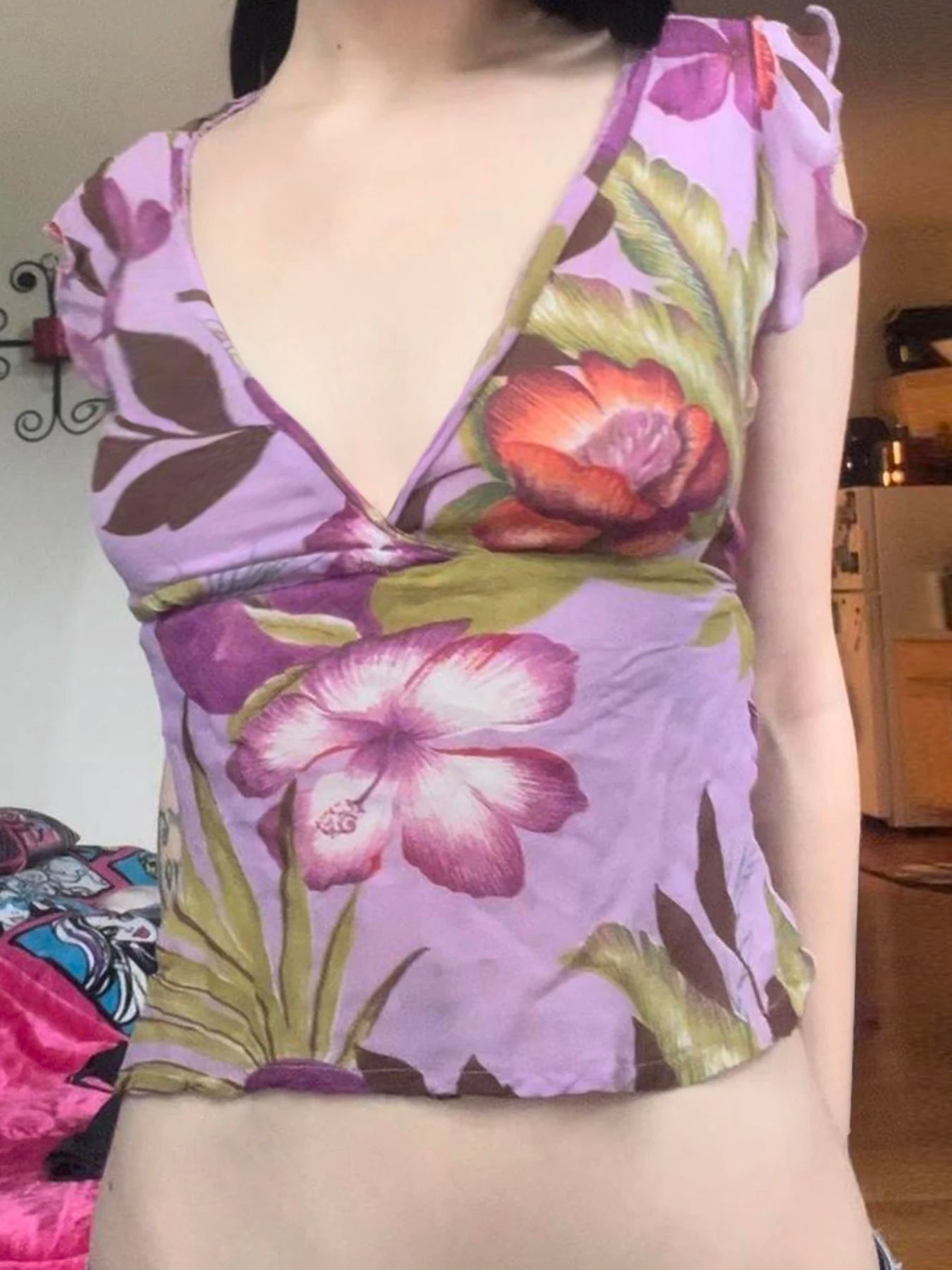 Butterfly Sleeve Slim Fit V-Neck Blouse Crop Top