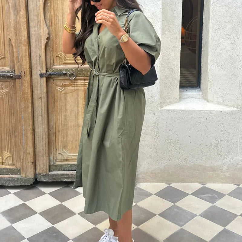 Lapel Tie Up Short Sleeve Single Breasted Long Work Dress Secondary image