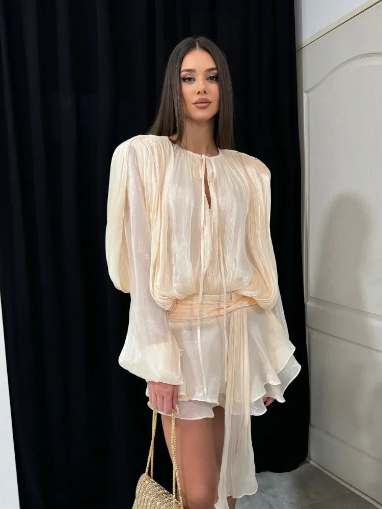 Shiny Pleated Full Sleeve Round Neck Lace Up Work Dress Main image