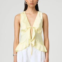 Bow Tie-up V-Neck Ruffled Hem Silky Cami Top