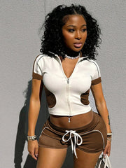 Patchwork Zip Short Sleeve Crop Top Two Piece Shorts Set