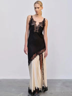 Sling V-Neck Colorblock Backless Long Lace Dress