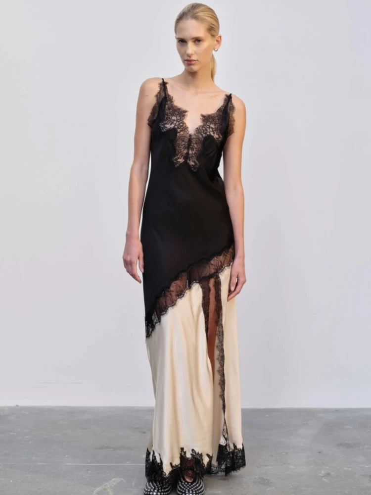 Sling V-Neck Colorblock Backless Long Lace Dress Main image