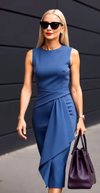 Solid Waisted Sleeveless Asymmetrical Long Work Dress