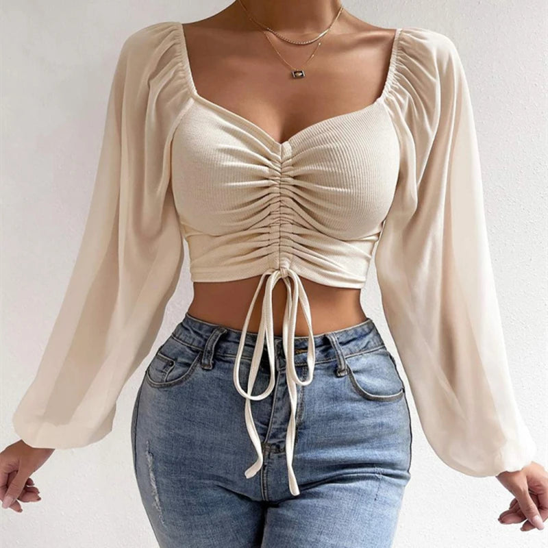 V-Neck Drawstring Bandage Sheer Top