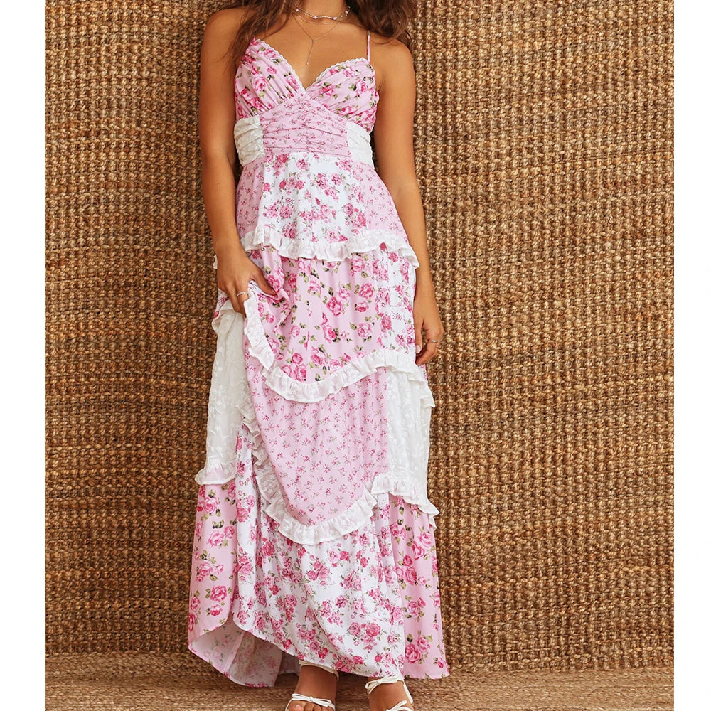 Boho Tie Shoulder Patchwork Floral Dress Main image