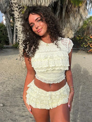 Lace Short Sleeve Top Ruffles Shorts Two Piece Shorts Set