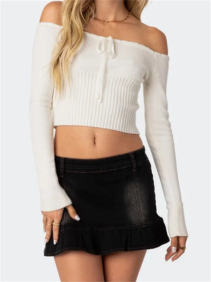 Off-Shoulder Crop Knitwear Solid Color Long Sleeve Tie-up Slim Fit Sexy T-shirts