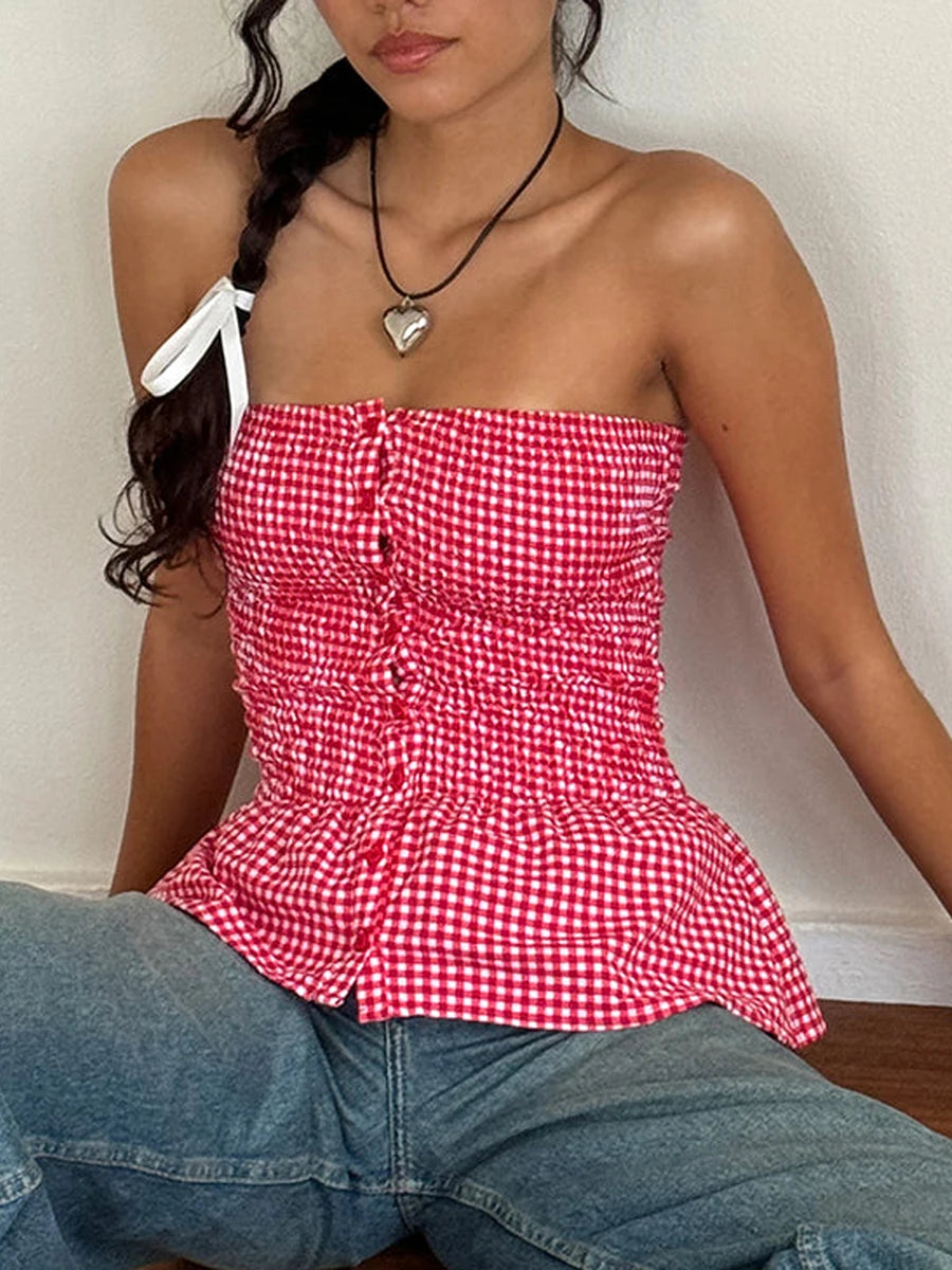 Red Gingham Ruffle Hem Strapless Secondary image
