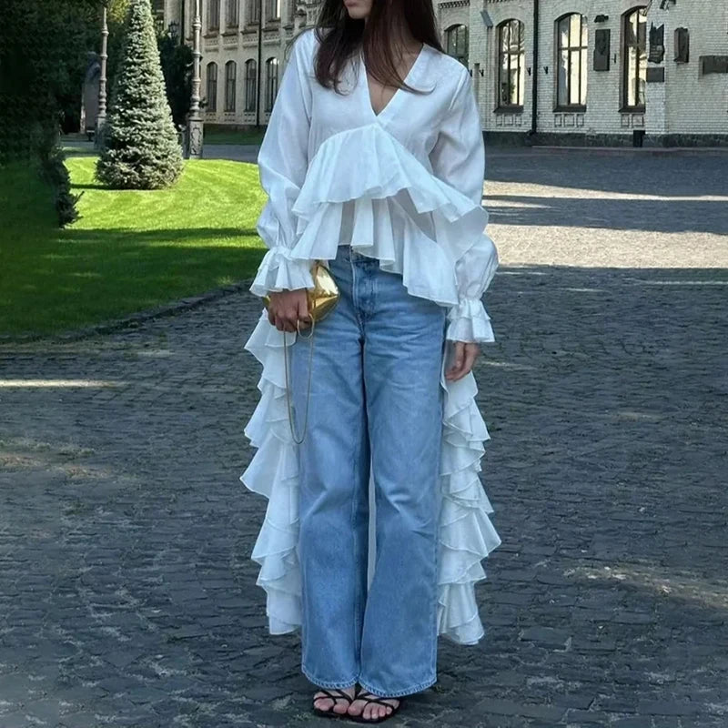 Ruffles V-neck Long Sleeve Casual Blouse Main image