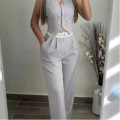 V-Neck Pocket Straight Pant Suit