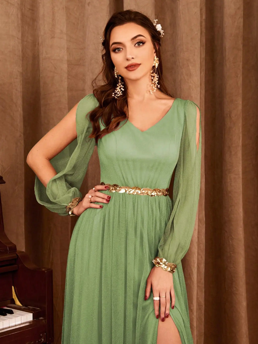 Gauze Applique Slit V-neck Maxi Dress