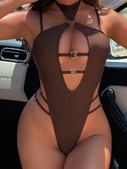 Cut-Out Halter High Neck One Piece Swimwear