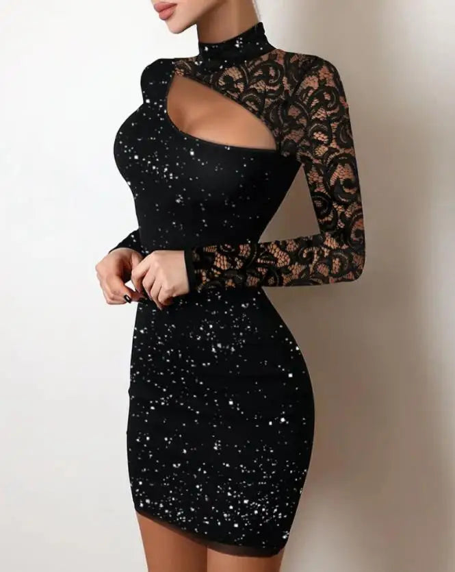 Glitter Contrast Cutout Long Sleeve Lace Dress Main image