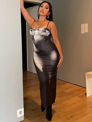 Y2K Tie Dye Print Backless Side Slit Midi Dress