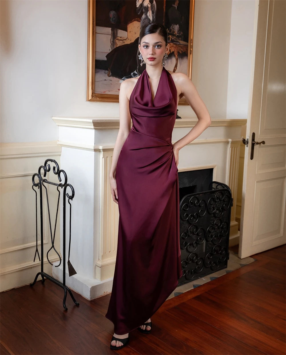 Burgundy Satin Halter Sleeveless Silk Dress Main image