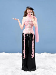 Mesh Scarf Patchwork Lace Ruffled Sheer Top