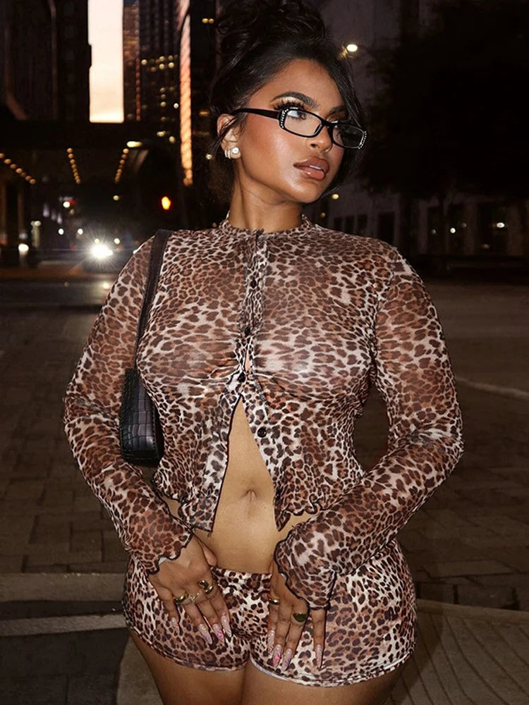 Leopard Print Single Breasted Crop Top Two Piece Shorts Set Main image