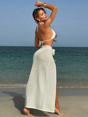 Knitted Triangle Cup Flower Side Slit Skirt Three Piece Swim Set