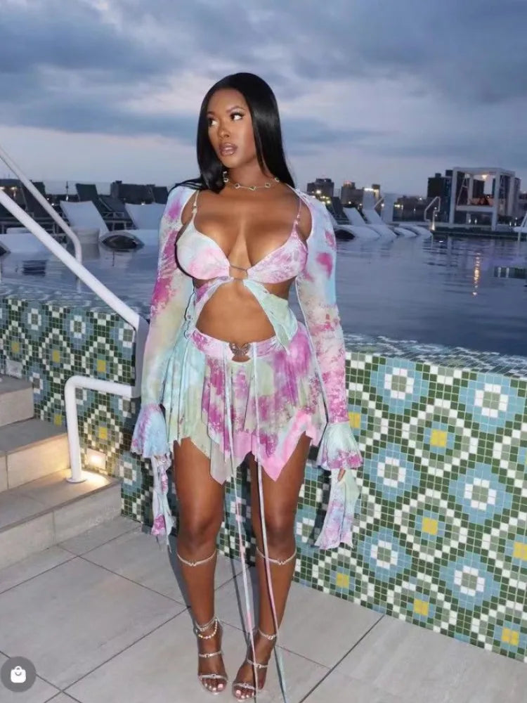 Tie Dye Irregular Butterfly Crop Skirt Streetwear Two Piece Skirt Set Secondary image
