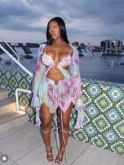 Tie Dye Irregular Butterfly Crop Skirt Streetwear Two Piece Skirt Set