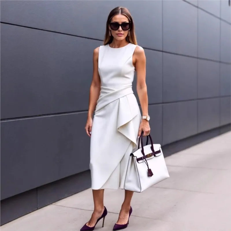 Solid Waisted Sleeveless Asymmetrical Long Work Dress Main image