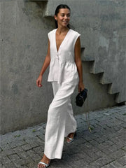 Pink Cotton Linen Ruffles Two Piece Pants Set