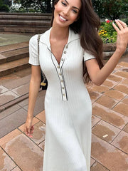 Denim Patchwork Knitted Short Sleeve Button Work Dress