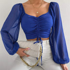 V-Neck Drawstring Bandage Sheer Top
