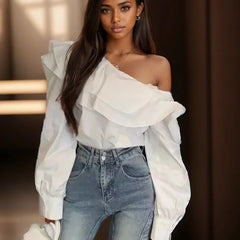 Vintage Off-Shoulder Ruffled White Blouse