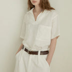 100% Linen V-neck Short Sleeve Blouse
