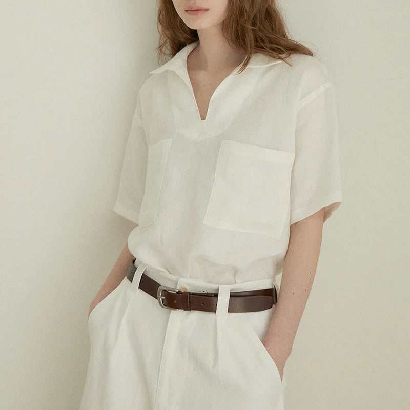 100% Linen V-neck Short Sleeve Blouse Main image