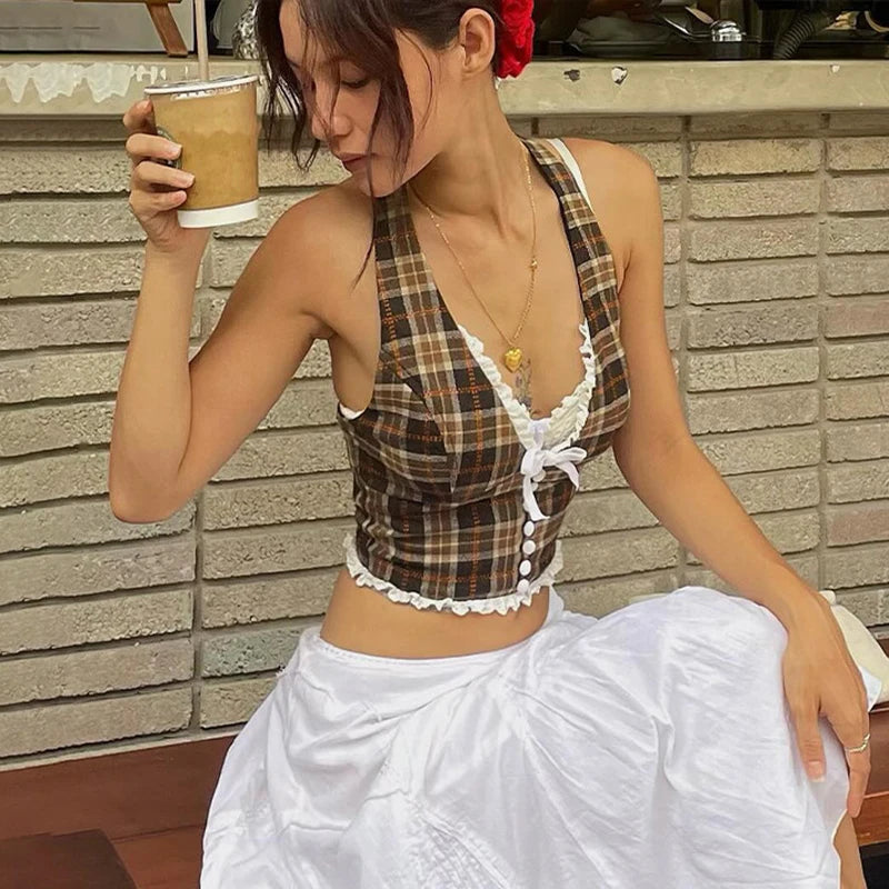 Y2K Plaid Halter Lace Trim Bow Tie Cami Top Secondary image