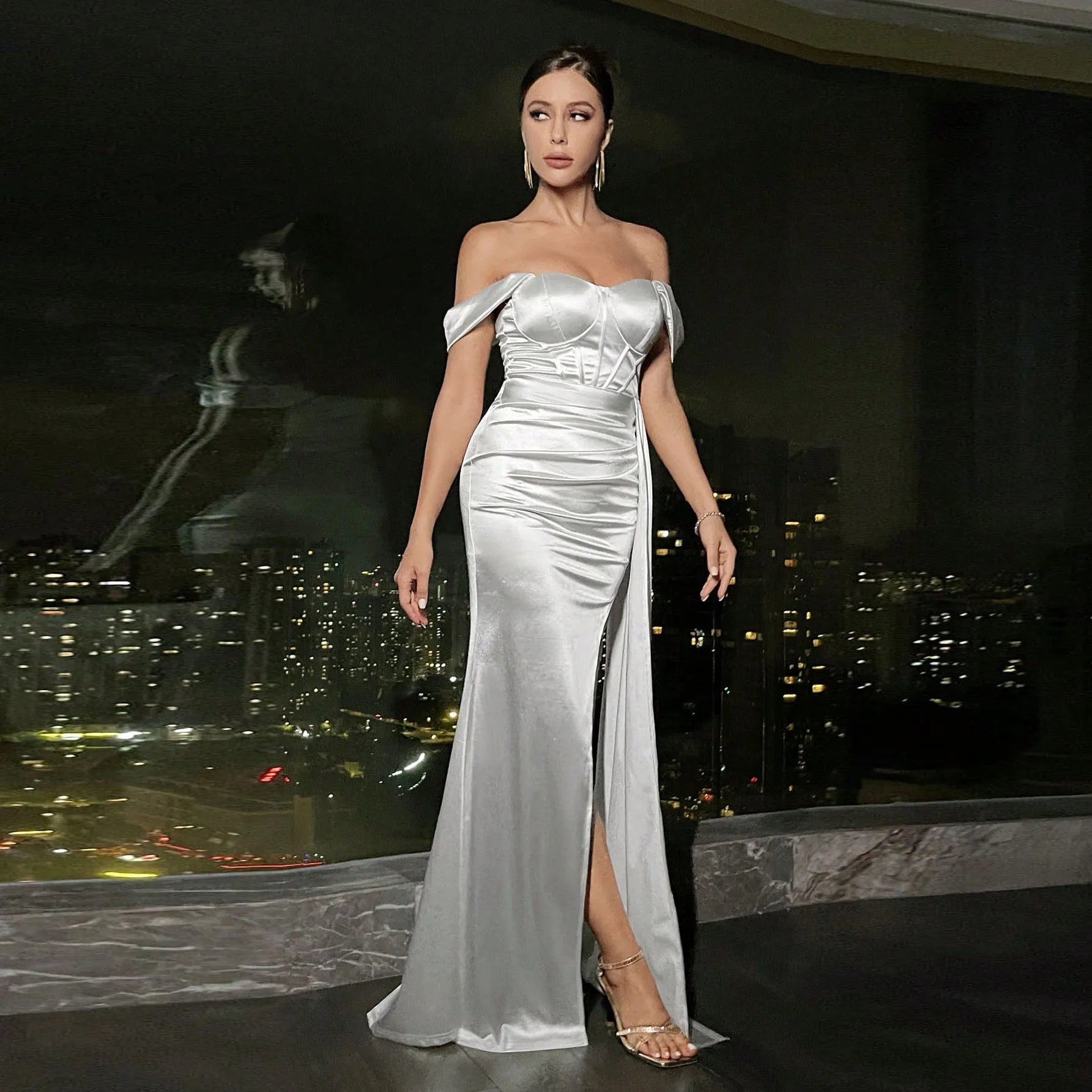 Off Shoulder Satin Mermaid Maxi Dress