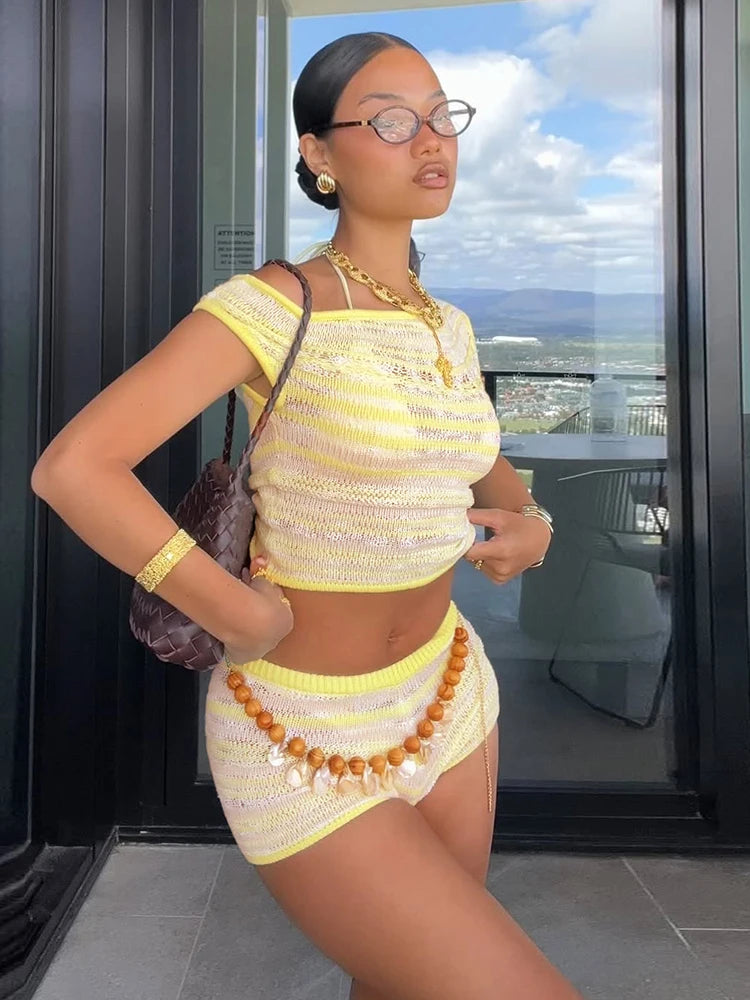 Crochet Thin Hollow Tank Top White Two Piece Shorts Set Secondary image