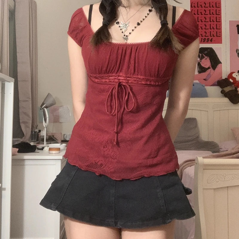 Square Collar Kawaii Bow Vintage Crop Top Secondary image