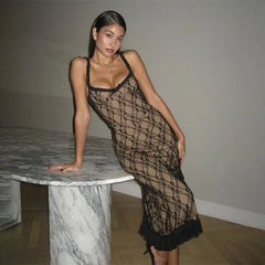 Mesh Lace Plunge Neck Midi Dress
