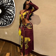 Crop Long Sleeve See Through Beach Vacation Two Piece Skirt Set