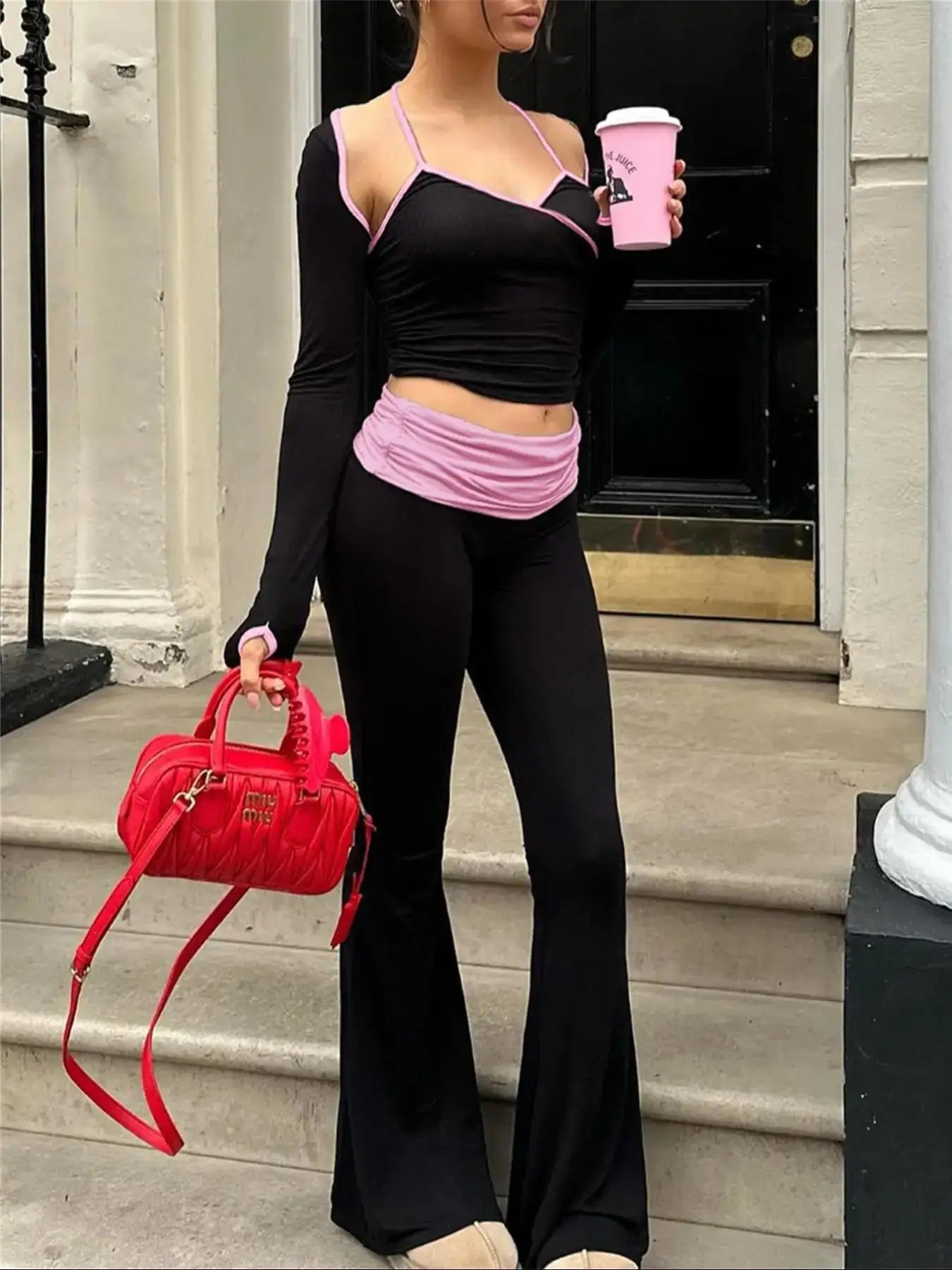 Contrast Patchwork Halter Neck Two Piece Pants Set Main image