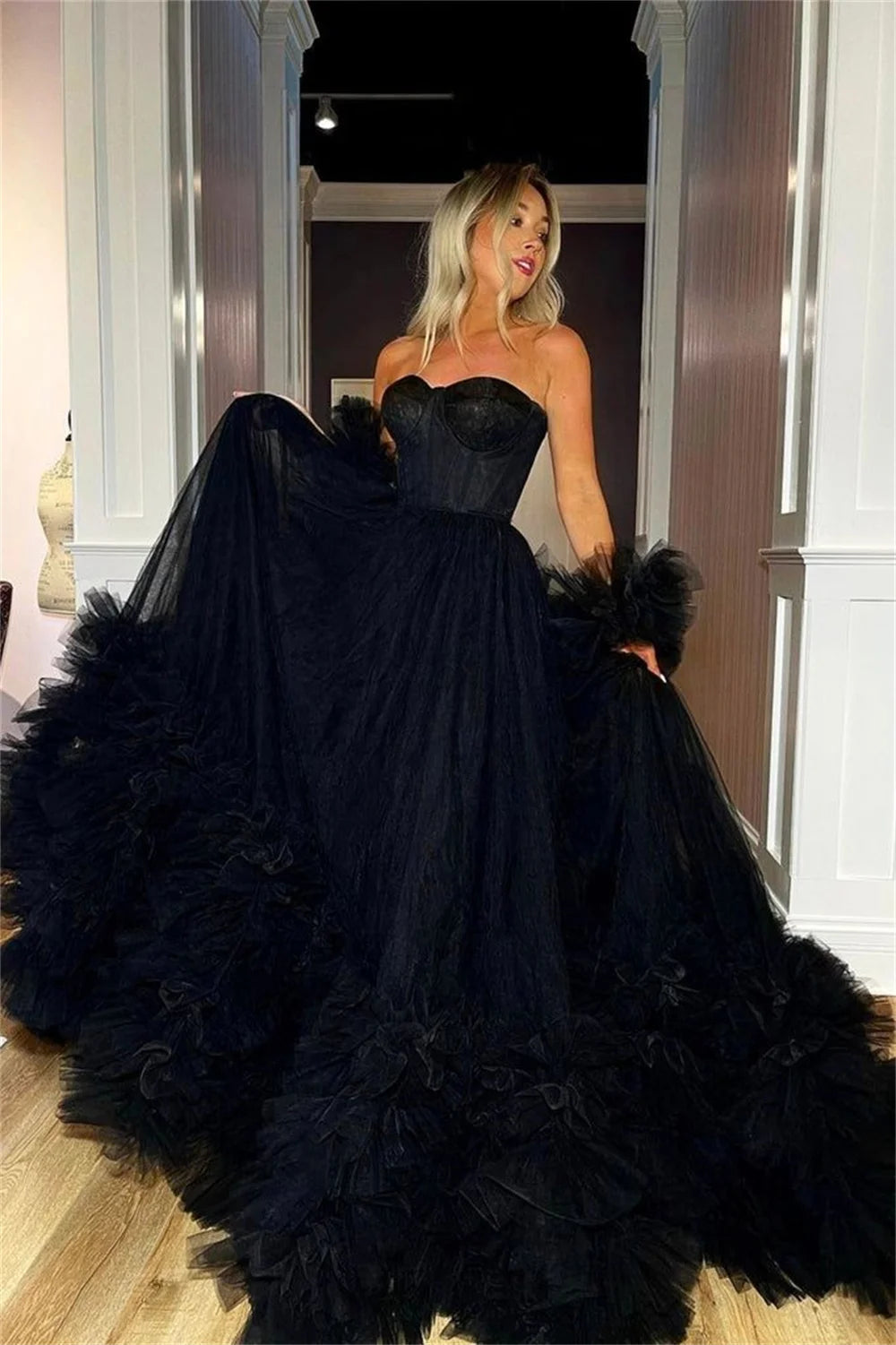 Strapless Black Layered Prom Dress Main image