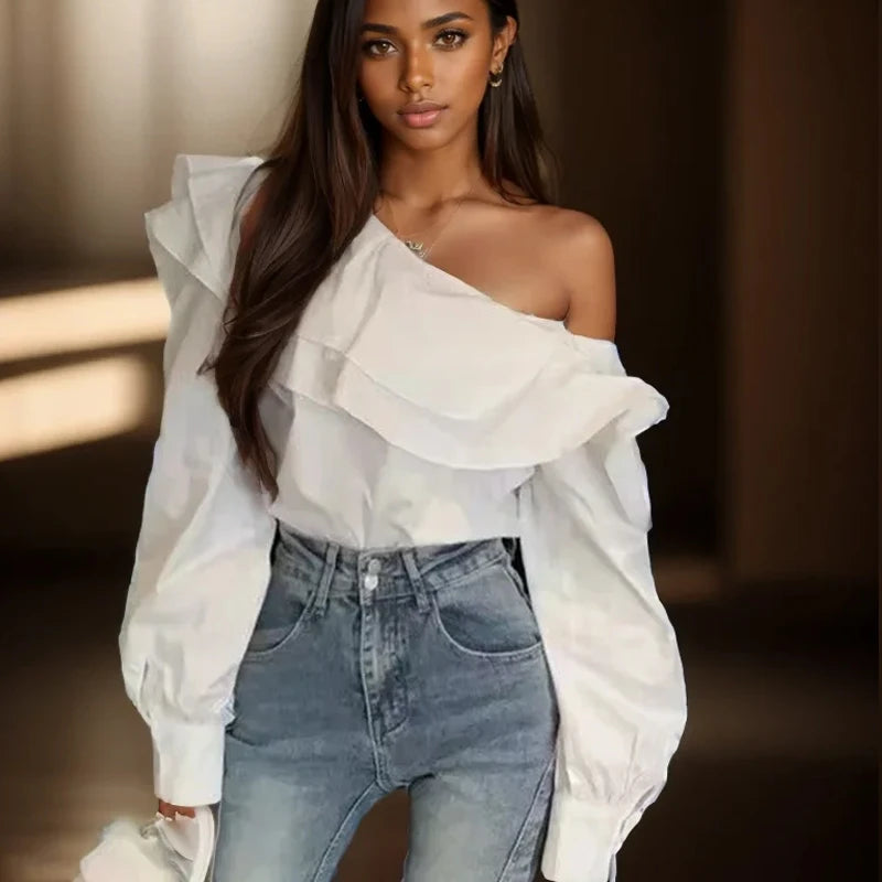 Vintage Off-Shoulder Ruffled White Blouse Main image