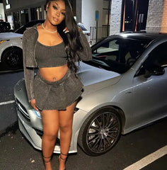 Ribber Pleated Vest Long Sleeve Super Mini Two Piece Skirt Set