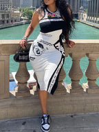 Letter Print O-neck Split Midi Dress