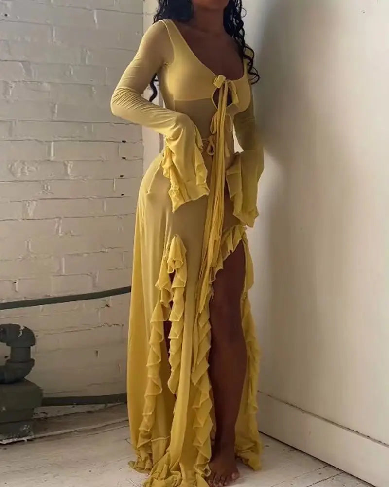 Ruffled Slit V-neck Maxi Dress
