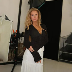 Chiffon Slim Fit Tweed Style Flare Sleeve Blouse