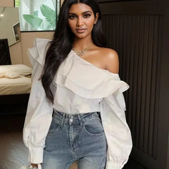 Vintage Off-Shoulder Ruffled White Blouse